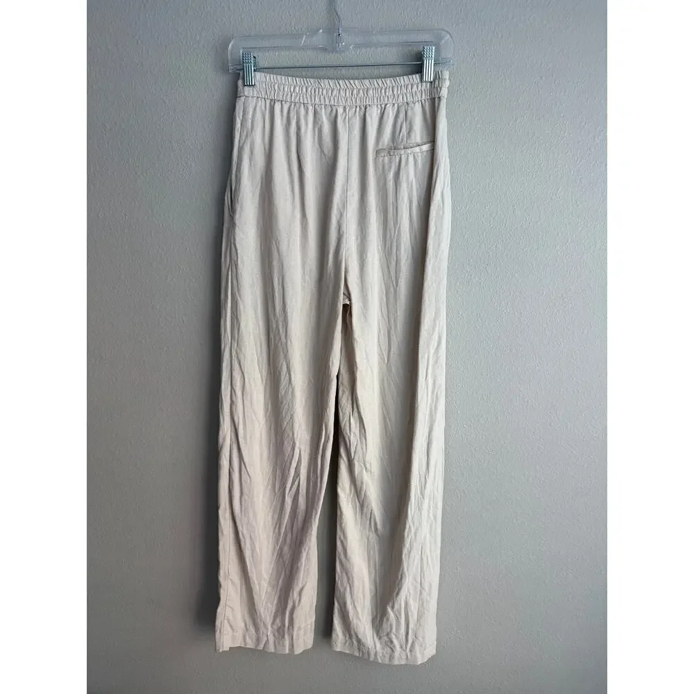 ZARA Women’s Sz M Linen Blend Wide Leg Pants Beige Tan Elastic Waist Drawstring